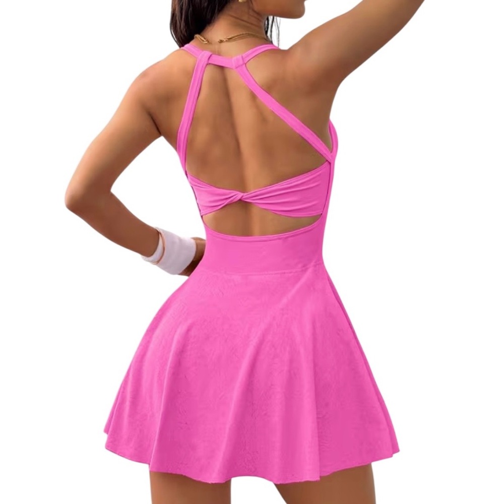 Backless Twist Sports Golf Tennis Suit Dress with Built-in Pocket Shorts